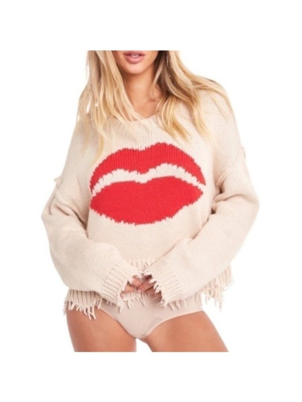 Wildfox "First Kiss" Luna Lip Frayed-Hem‎ Cropped Sweater Size XS Boxy Oversized